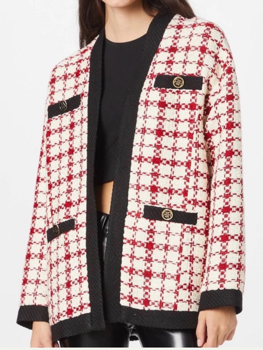 River Island Red and Cream Tweed Open-Front Jacket with Black Trim Size 8